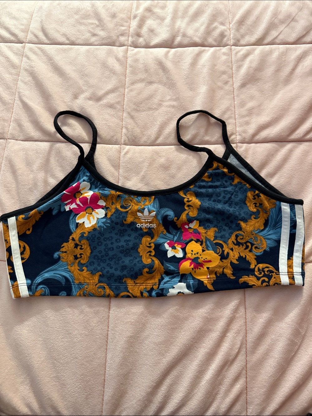adidas Navy Floral Print Swim Crop Top with Gold Accents